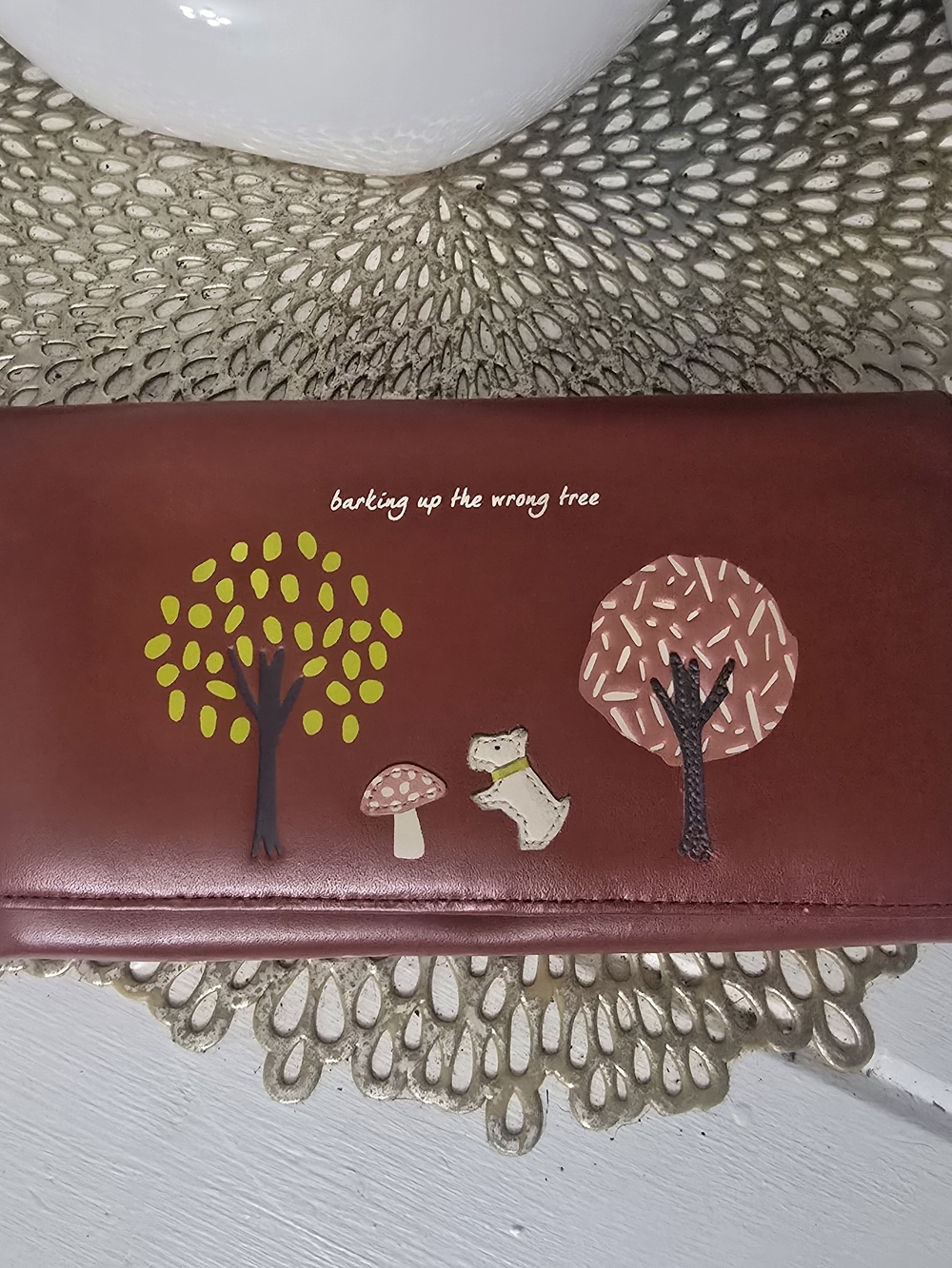 Burgundy Women’s Wallet Clutch with Tree & Dog Applique